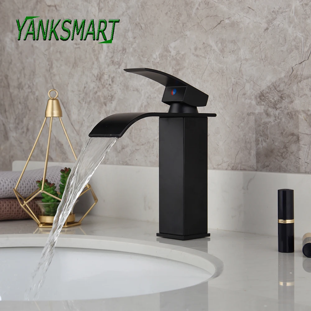 

YANKSMART Black Painting Basin Sink Bathroom Faucet Solid Brass Black Waterfall Deck Mounted Faucet Cold And Hot Mixer Water Tap