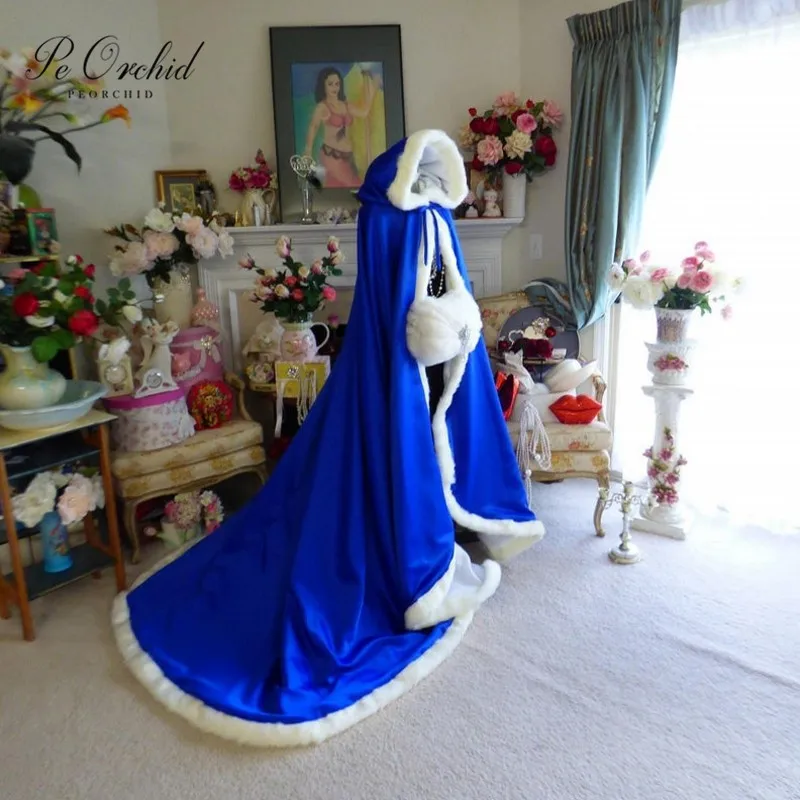 Cape de mariage en Satin bleu Royal, avec traîne, à capuche, en fausse fourrure, pour femme, pour séance Photo, hiver