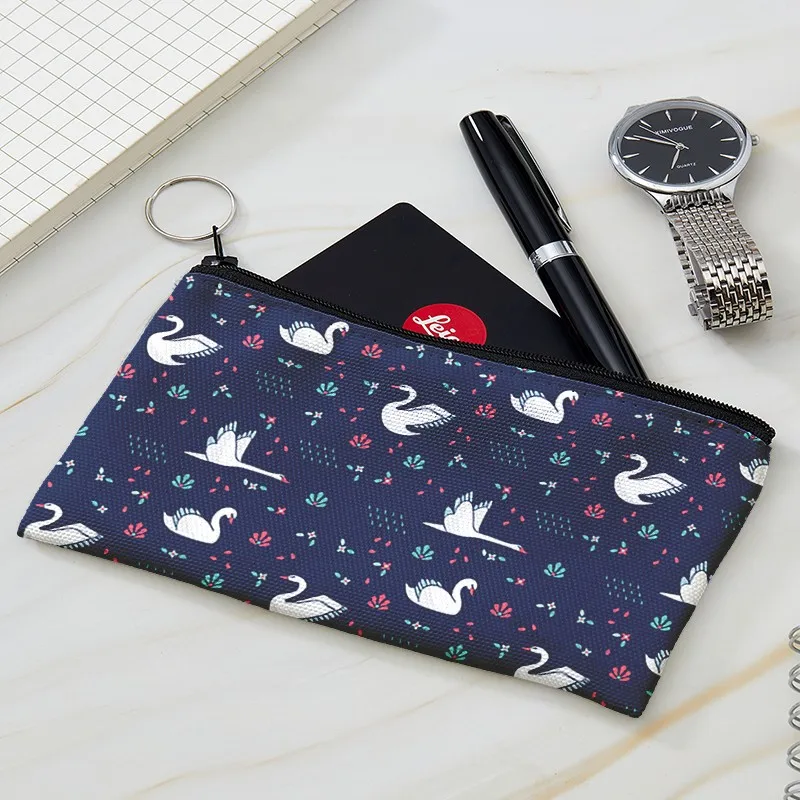 Cute Blue Swan Coin Purse Women Mini Canvas Card Holder Small Wallet Pouch Daily Storage Bag Kawaii Pen Bag Cosmetic Bag