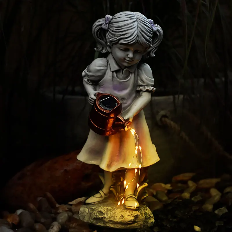 Balcony Solar Night Light Luminous Kettle Girl Resin Furnishing Outdoor Garden Lawn Sculpture Crafts Villa Park Figurines Decor