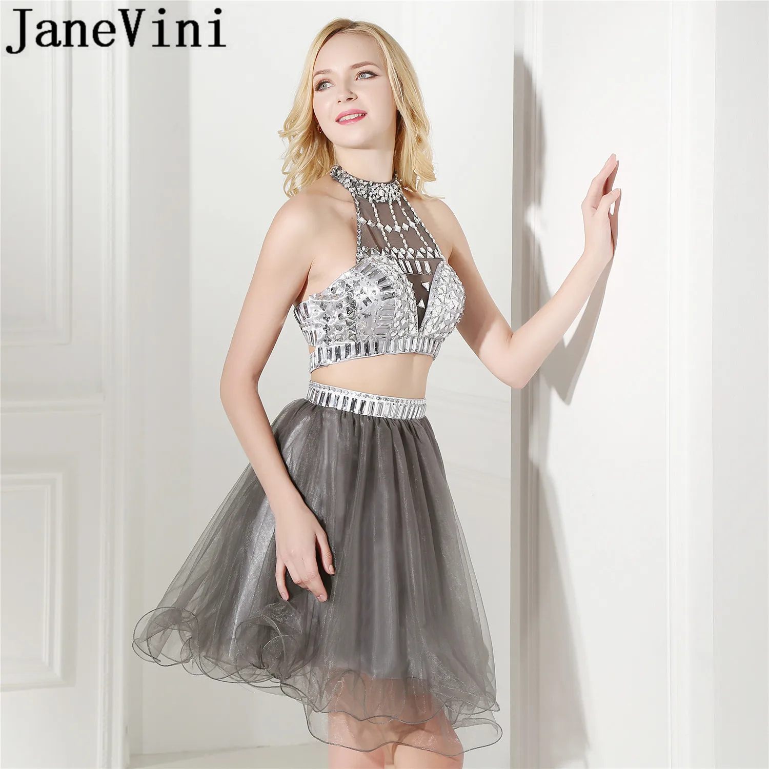 JaneVini-Vestido de 2 piezas para graduación, traje gris brillante con cuentas de cristal para adolescentes, Vestido corto de baile de graduación, Vestido de tul Curto 2019