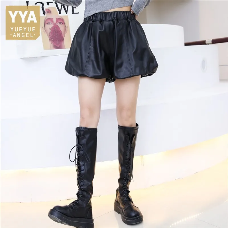 High Quality Women Natural Sheepskin Real Leather Tutu Shorts Elastic Waist Wide Leg Short Trousers Streetwear Ladies Shorts