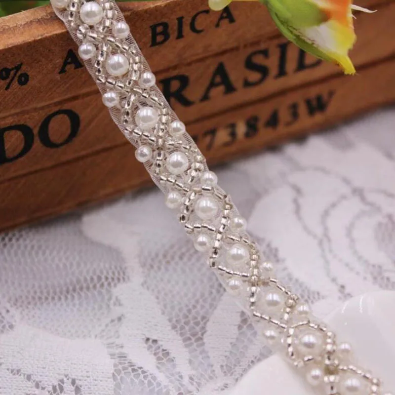 1yard/lot 10mm Pearl Beaded Lace Fabric Ribbon For DIY Sewing Garment Collar Sleeve Skirt Lace Materials N0303