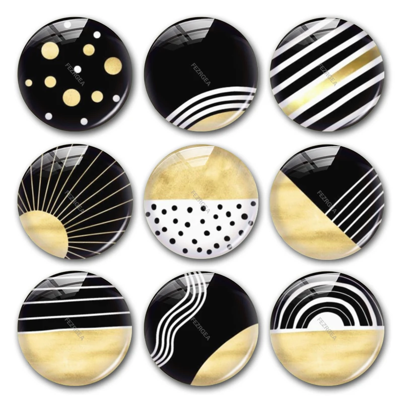 Geometric Pattern Black White Yellow Digital Images Round Photo Glass Cabochons Demo Flat Back For Jewelry Making Findings