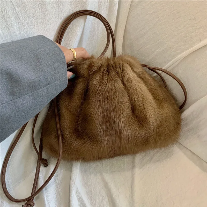 Imagem -02 - Senhoras Real Mink Messenger Bolsa Senhoras Moda Ombro Bolsa Fluffy Mink Fur Cordão Bolsa de Pele