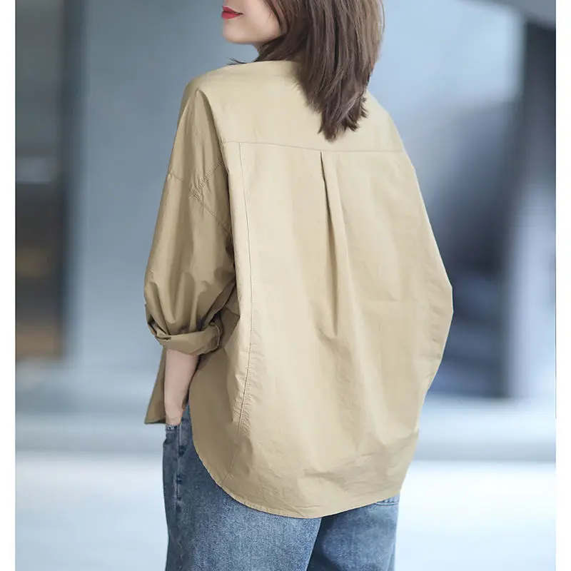 2021 New Spring/autumn Women Loose Turn-down Collar Long Sleeve Blouse Good Quality Pockets Cotton Linen Casual Shirts W590