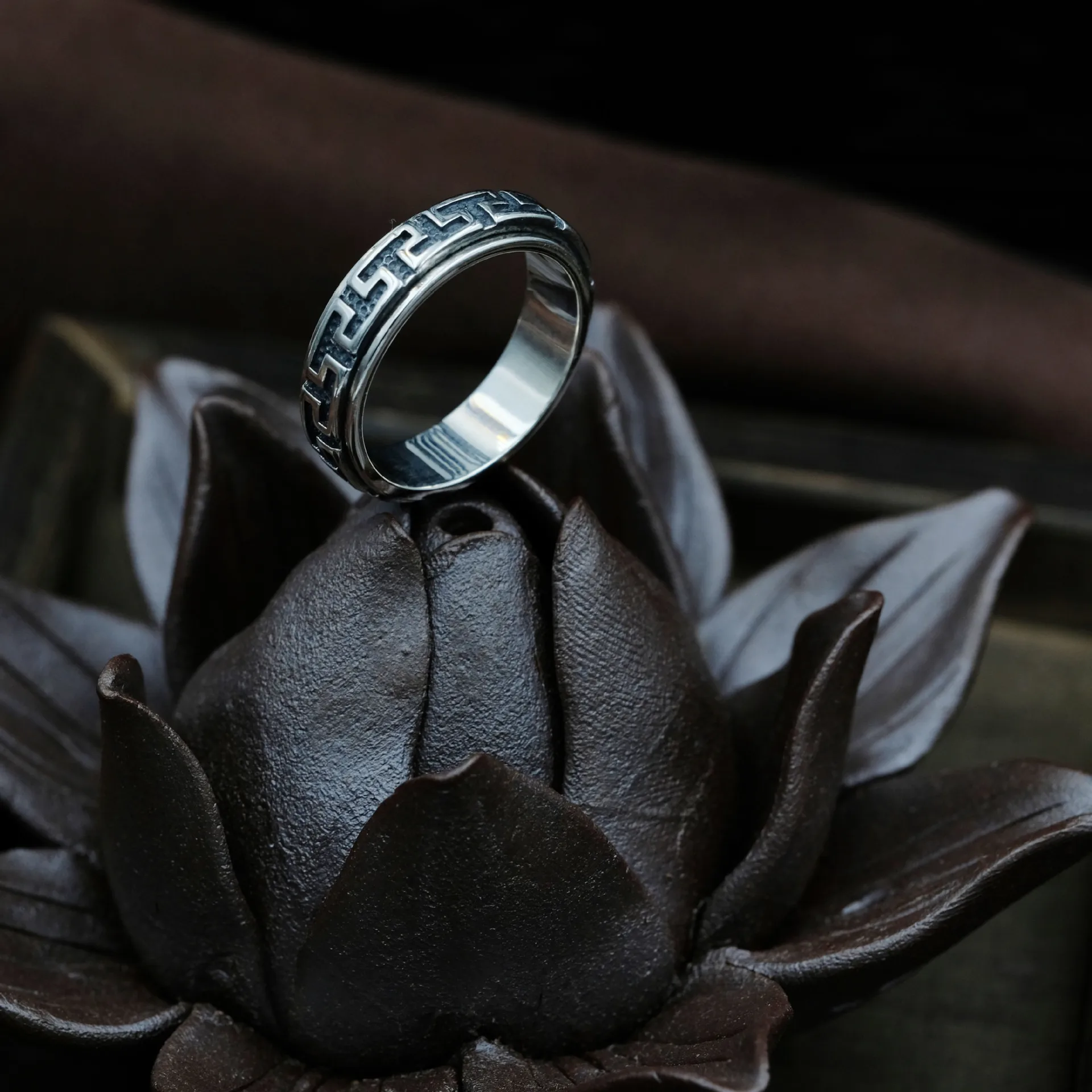 S925 Sterling Silver Men Tibetan Silver Rings Vintage Buddhism Rings 925Sterling Silver Man The Great Wall Turn Rotate Ring