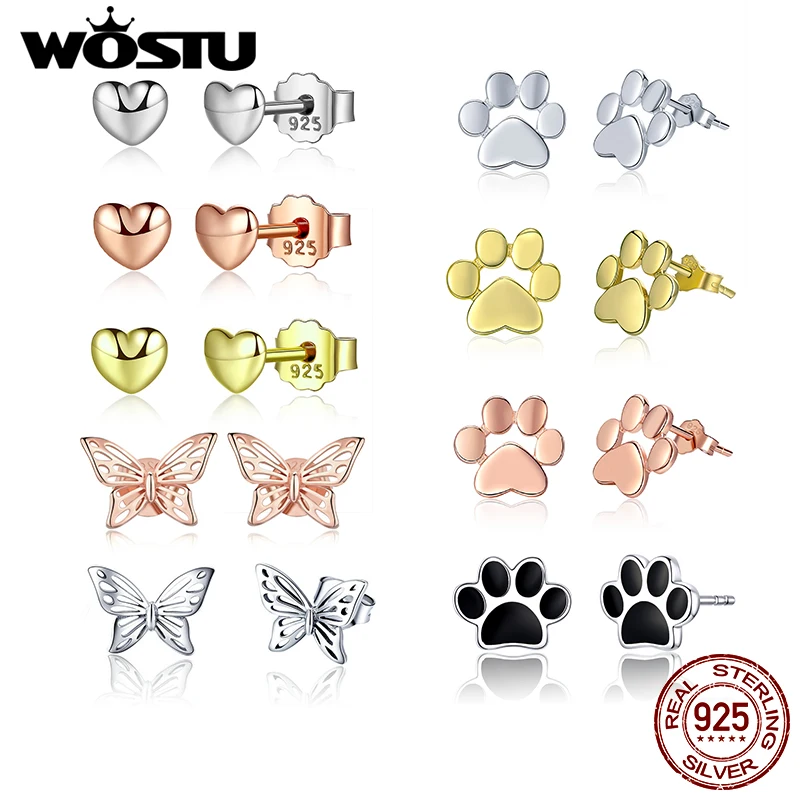 WOSTU Authentic 925 Sterling Silver Heart Shape Star Zircon Stud Earrings Women Wedding Luxury Fashion Fine Jewelry Making Gift