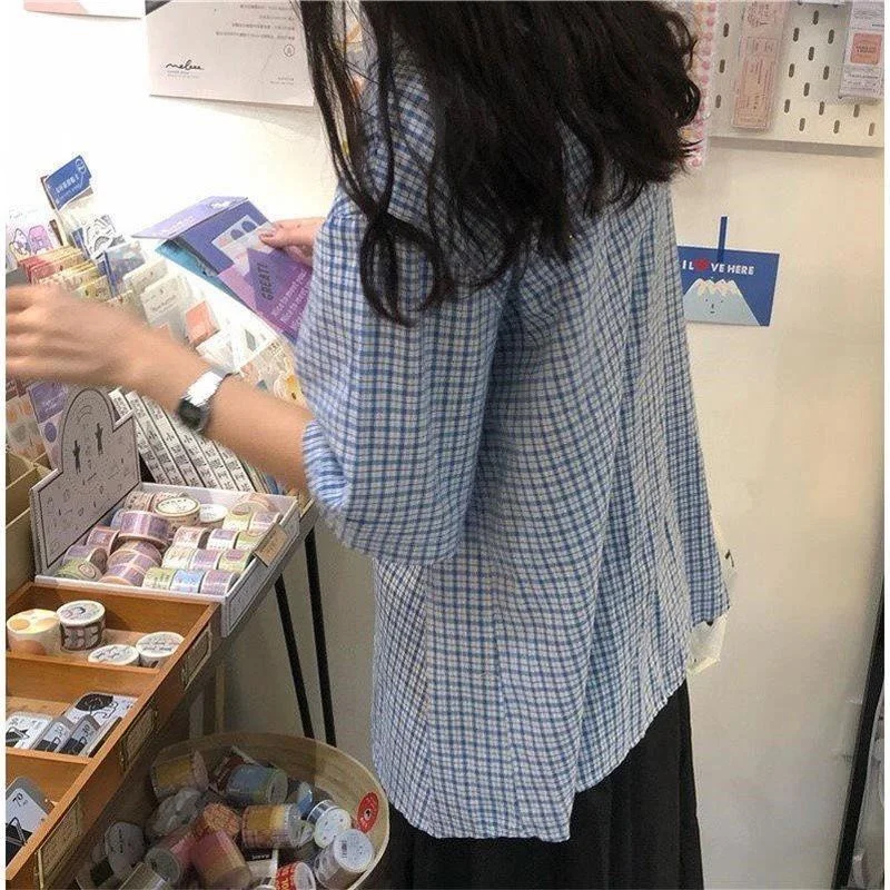 Summer Shirts Women Harajuku Plaid Blouses Short Sleeve Daily Streetwear Sweet Simple Ins Tops Korean Style Loose Girls Outwear