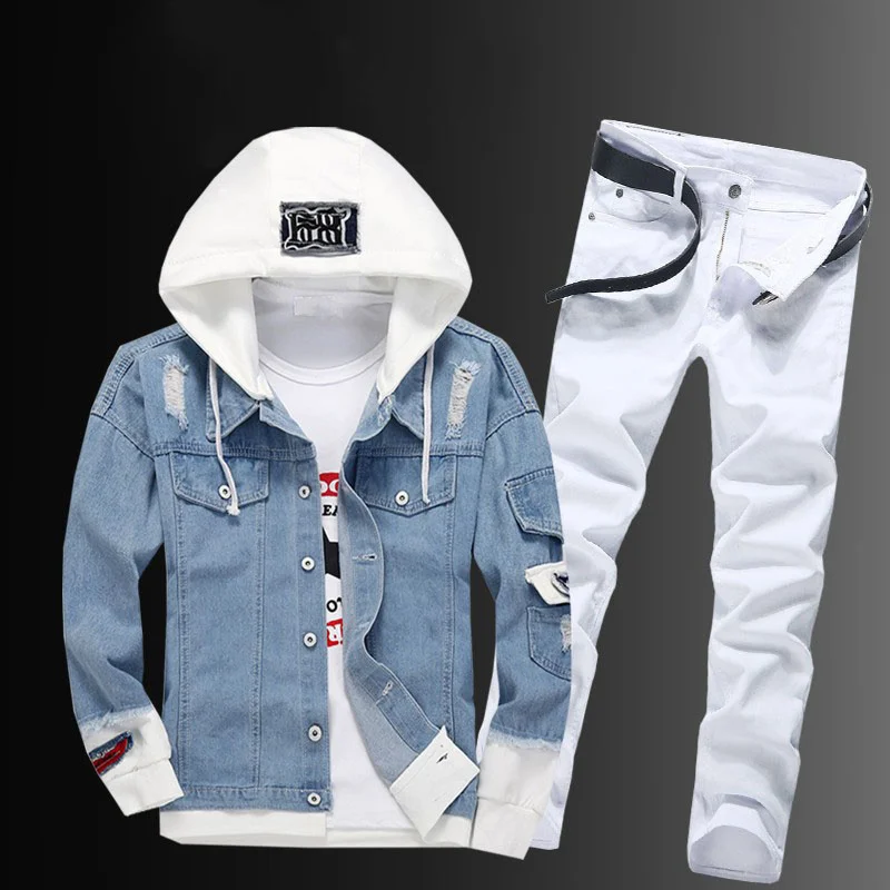 Men Casual Hooded Cowboy Jacket Zipper Jeans Two Piece Set Plus Size Street Single Breasted Hole Ripped Blue Denim Coat Suit