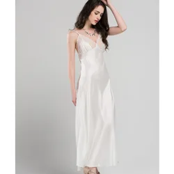 Lace Sexy Sling Sleeping Dress Satin Silk Sleepwear Women Faux Silk Long Bathrobes Female Sleeveless V-Neck Nightgowns C1618