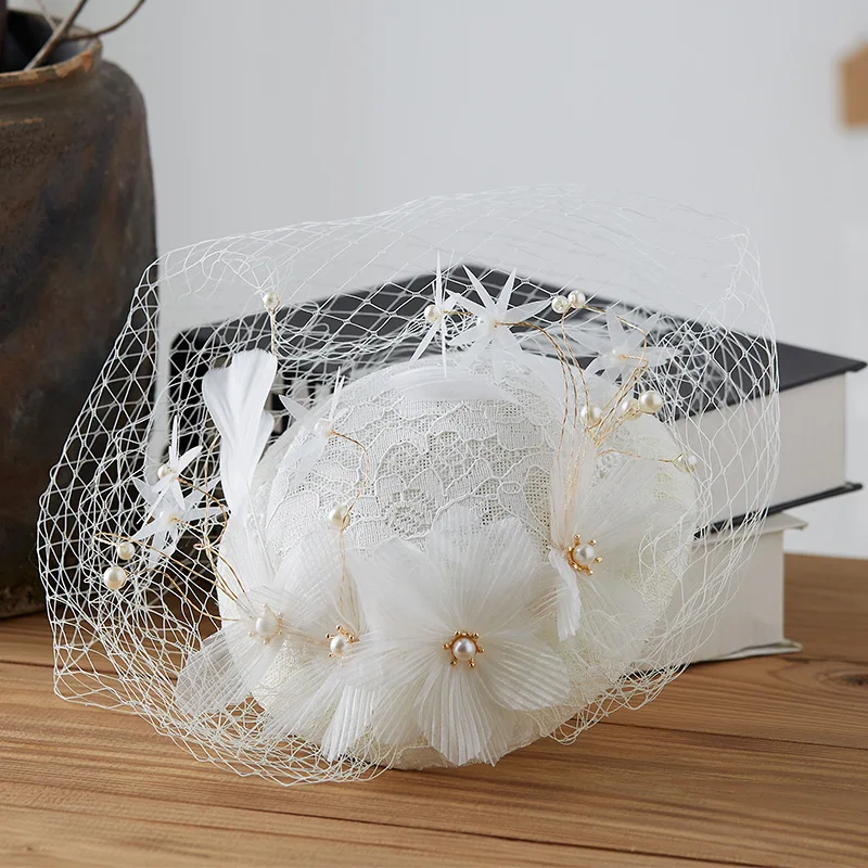 Bride Fascinator Hat with Clip for Women Wedding Party Cocktail Mesh Yarn Flower Hair Pins Hat Hair Accessories