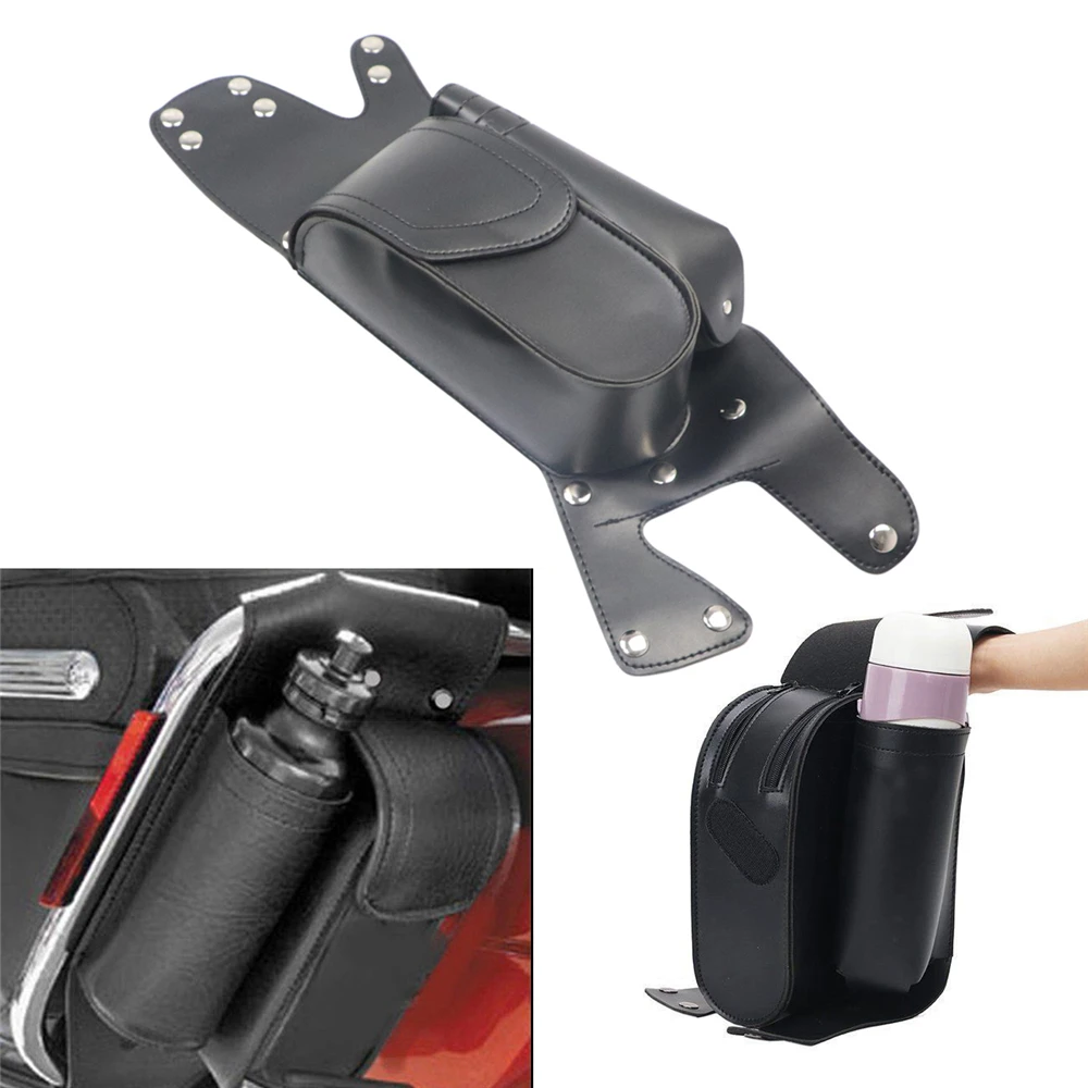 

Motorcycle PU Leather Black Left Saddlebag Guard Bag with Water Bottle Drink Holder for Harley Touring Models