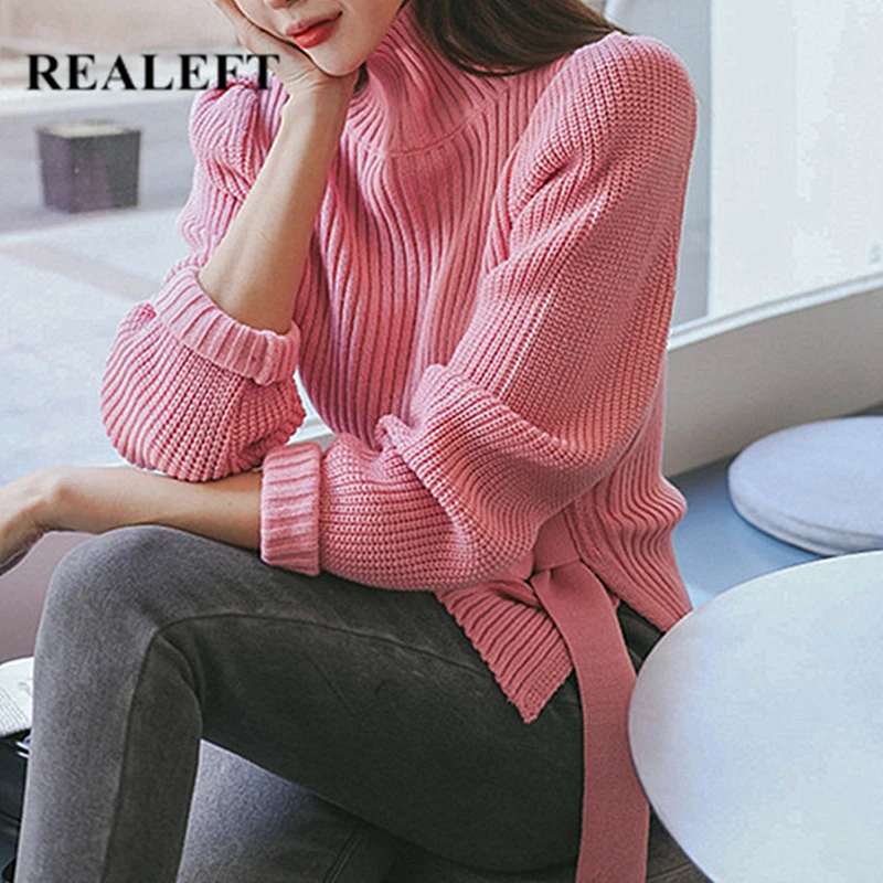 

REALEFT Autumn Winter Thicking Women Sweater Sashes Pink Long Sleeve Turtleneck Sweaters Elegant Pullovers Female Tops 2021 New