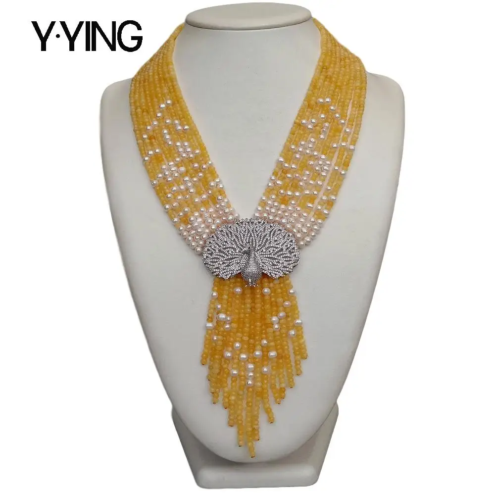 Y·YING  9 Strands Yellow Jades White freshwater Pearl Necklace CZ Pave Peacock Pendant19.5