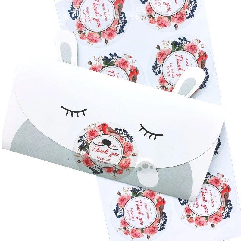 60Pcs Bloem Vogeltje Transparant Seal Sticker Ronde Dank U Afdichting Label Kraft Sticker Bakken Diy Ronde Gift Stickers