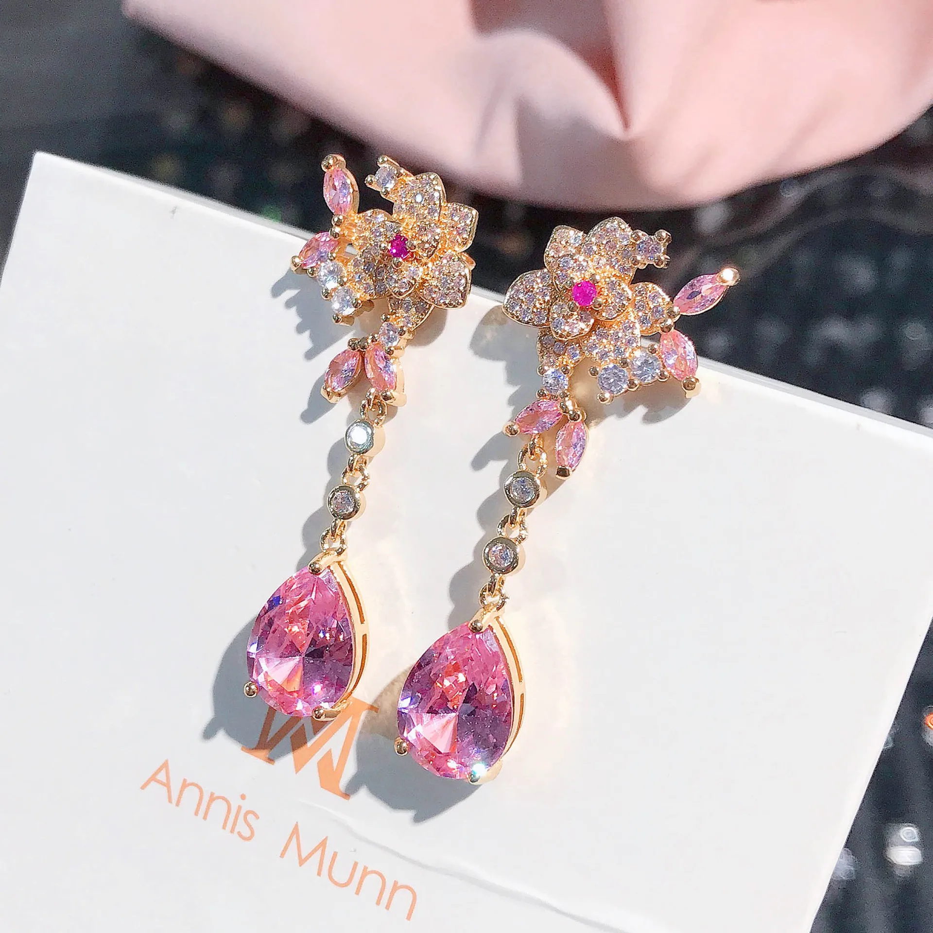 Fashion Exquisite Rose Flowers Earrings Pink Water Drop Crystal Zircon Charm Geometric Jewelry Women's Wedding Engagement Gifts