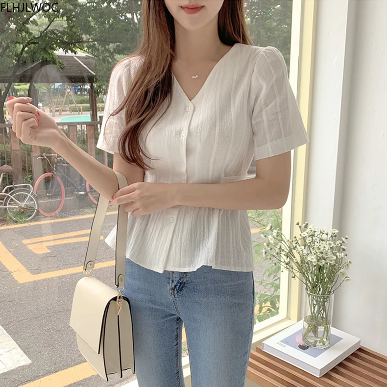 Short Chic Tops Summer Puff Sleeve Slim Waist Peplum Lace-Up Bow Tie Ruffled Shirt Blouse Women Top Korean Japan Flhjlwoc Cute