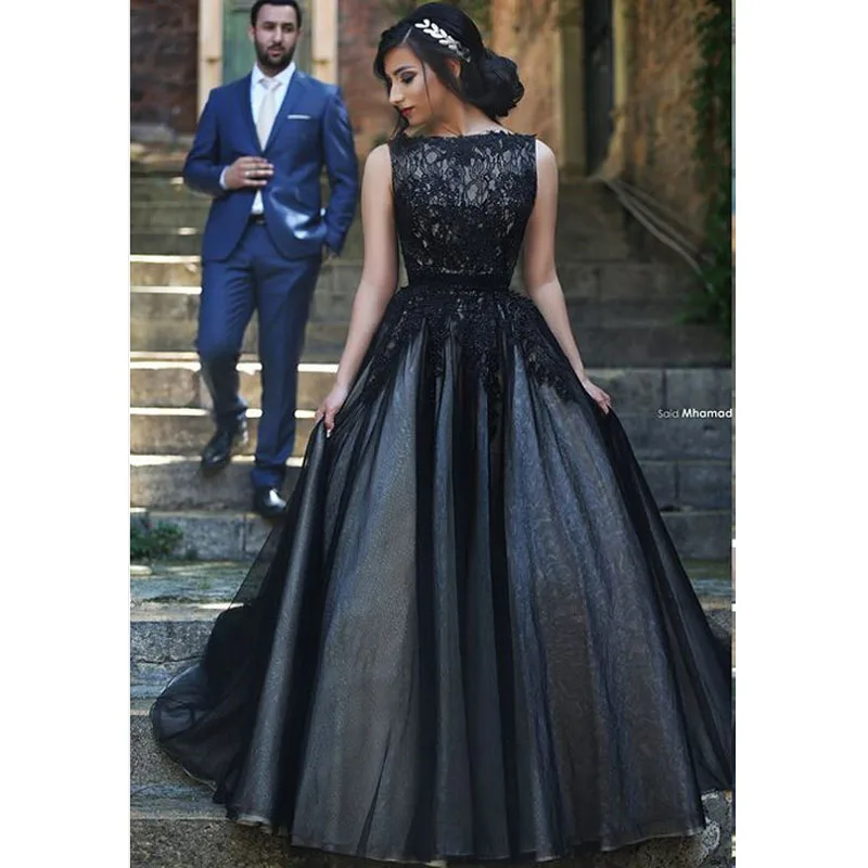 Vestido De Casamento Halloween Gothic Black Long Train A Line Backless Tulle Victorian Bridal Gowns mother of the bride dresses