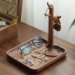 Amgoth Simple Wood Jewelry Stand Display Necklace Ring Storage Tray with Branch Rack Earring Holder Key Watch Hook Organizer