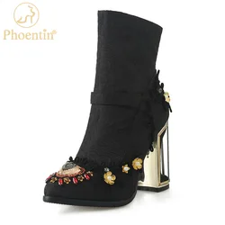 Phoentin Ethnic style embroidered short boots Women's Crystal Ankle boot Autumn winter luxury High Heels Shoes size 43 FT1671