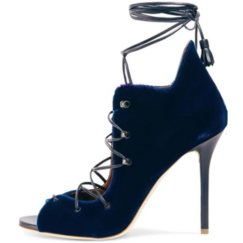 Newest women summer ankle boots peep toe blue black Velvet pumps ankle strap lace up fringe thin high heels sandals women