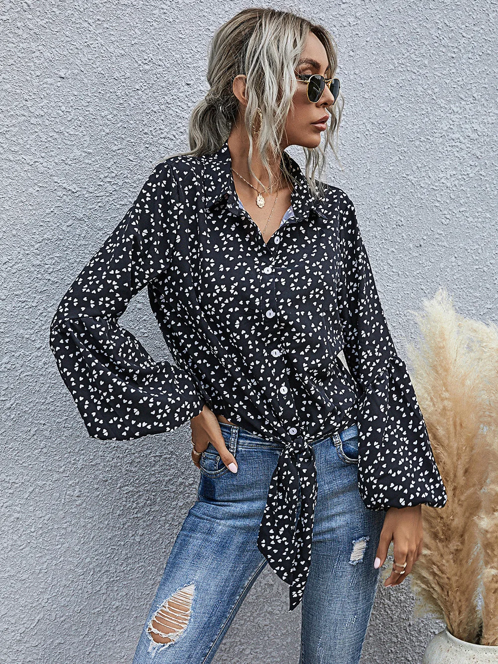 Women Blouses Fashion 2020 Printed Puff Single-breasted Shirt Long Sleeve for Fall  Plus Size Women Clothing Ladies Loose V-Neck