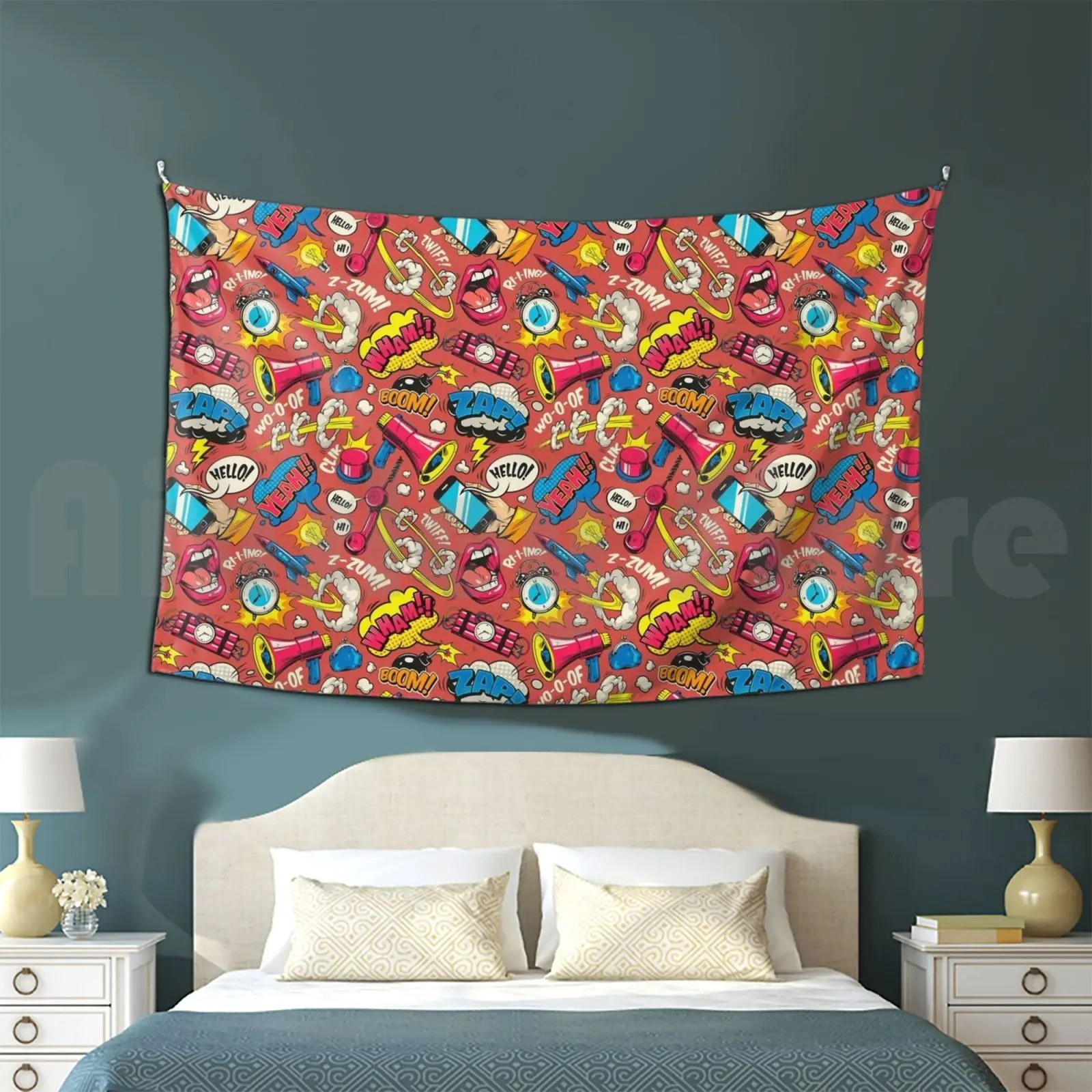 Red Comic Style Tapestry Living Room Bedroom Heroes Fights Dynamite Mouth Comic Superheros Hits Yeah Wham Zaap Puff