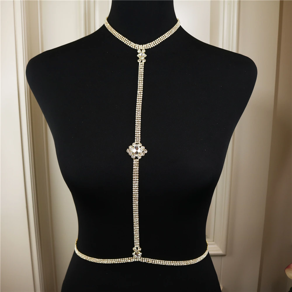 Fashion Crystal Long Choker Bra Chain for Women Single Layer Rhinestone Wedding Party Statement Sweater Body Chain Jewelry