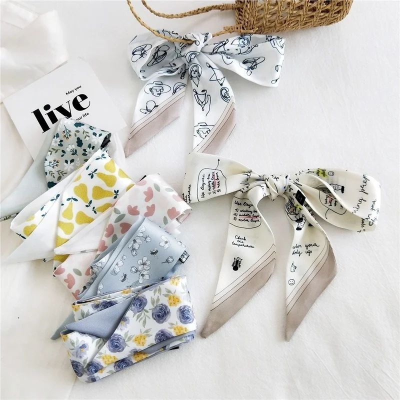 Korean Printing Fruit Women Hair Scarf Small Silk Scarf Bag Skinny Scarves Sweet Multi-Function Foulard Cheveux Headband Woman