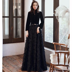 Customized Black Elegant Velvet Long Prom Evening Dresses 2024 Long Sleeves Lace Formal party Gowns Srobe de soiree