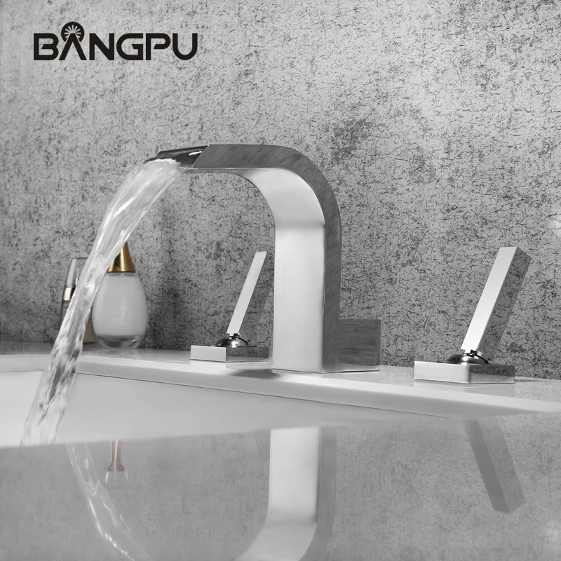 

BANGPU Bathroom Basin Faucet Deck Mounted Double Handle Sink Faucet 3 Hole Faucet Waterfall Bathroom Faucet Chromed