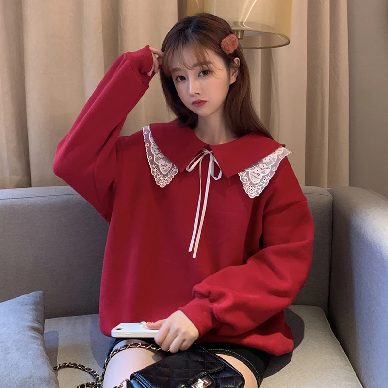 

2020 Korean version loose show thin baby collar cover detachable lace tie bow long sleeve medium length sweater women's winter