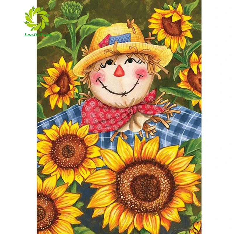 DIY Diamond embroidery Full Pebble Round Scarecrow & Sunflower Diamond Painting Cross Stitch Rhinestone Mosaic decoration