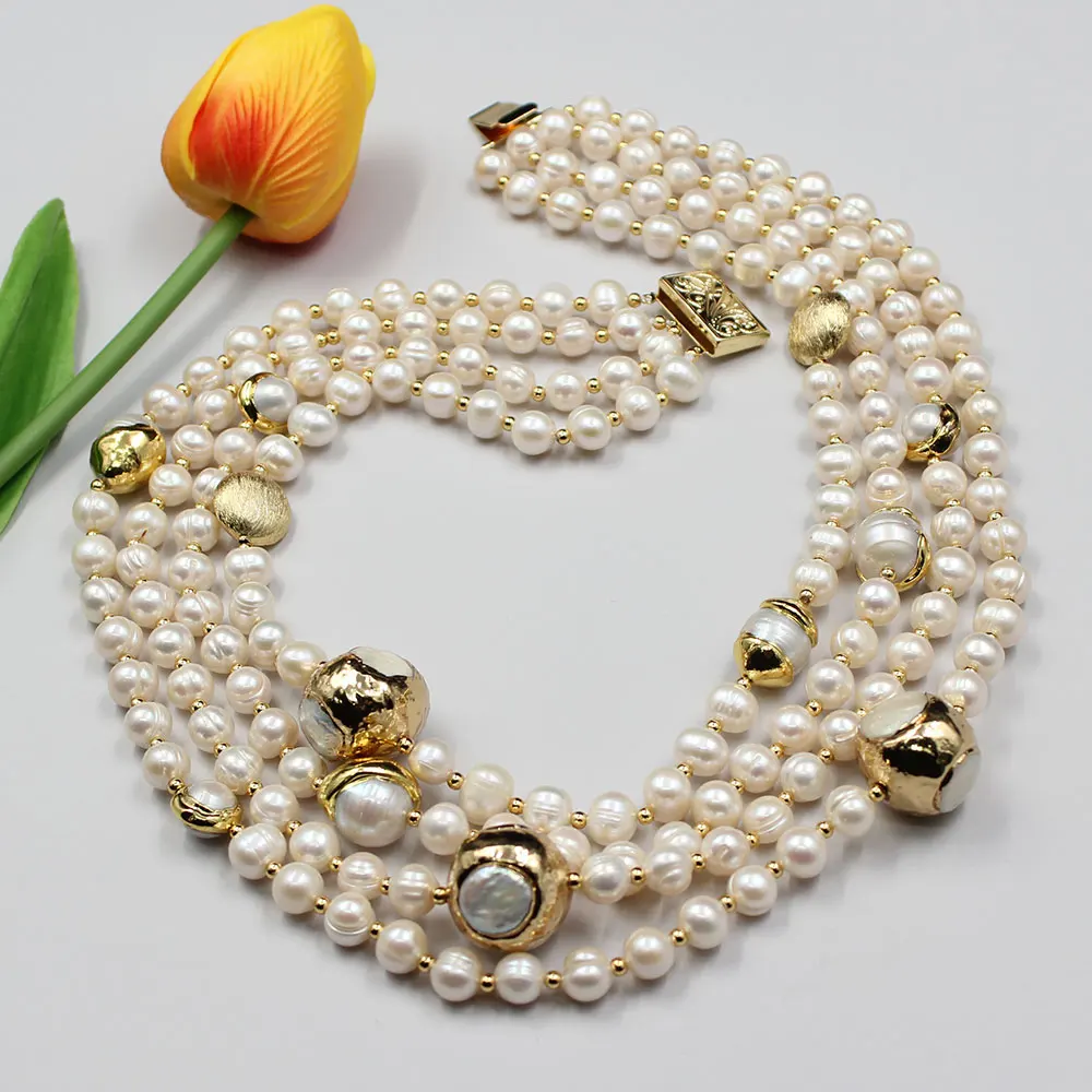 GG 4 Strands Natural Freshwater Cultured White Pearl Gold Color Plated Keshi Pearl Necklace 18\