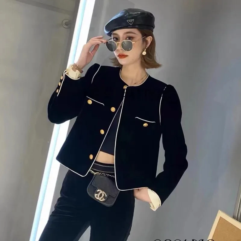 Vintage Velvet Short Jacket Women Spring Autumn O-Neck Single Breasted Contrast Color Small Coat Korean Fashion Wild Outerwear