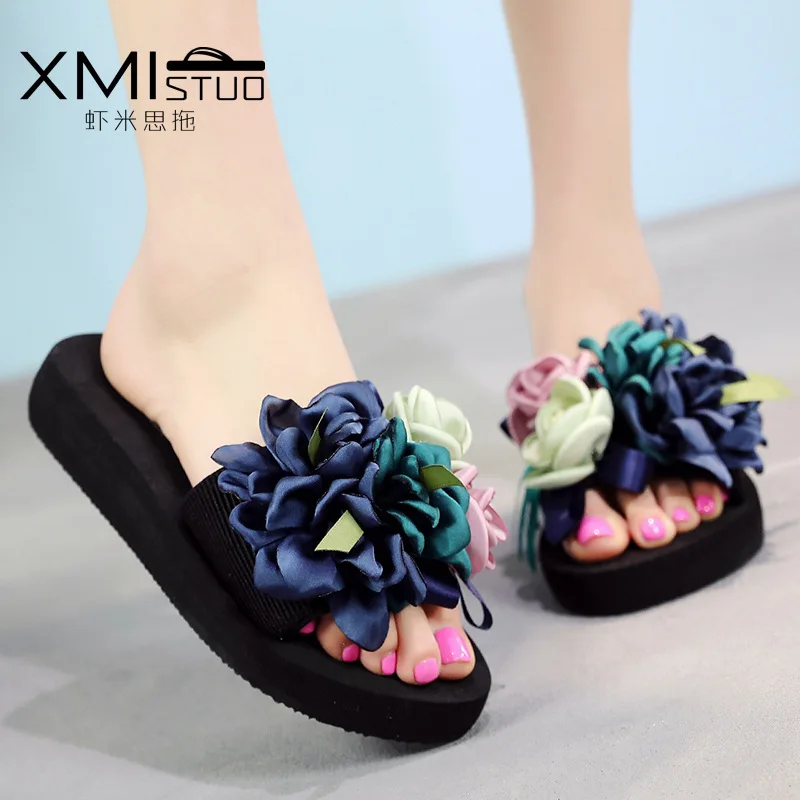 3cm High Heel Women's Slippers Women's Summer Wear Flat Sandals Flowers Seaside Vacation Sandals Ladies Plus Size Flip-flops