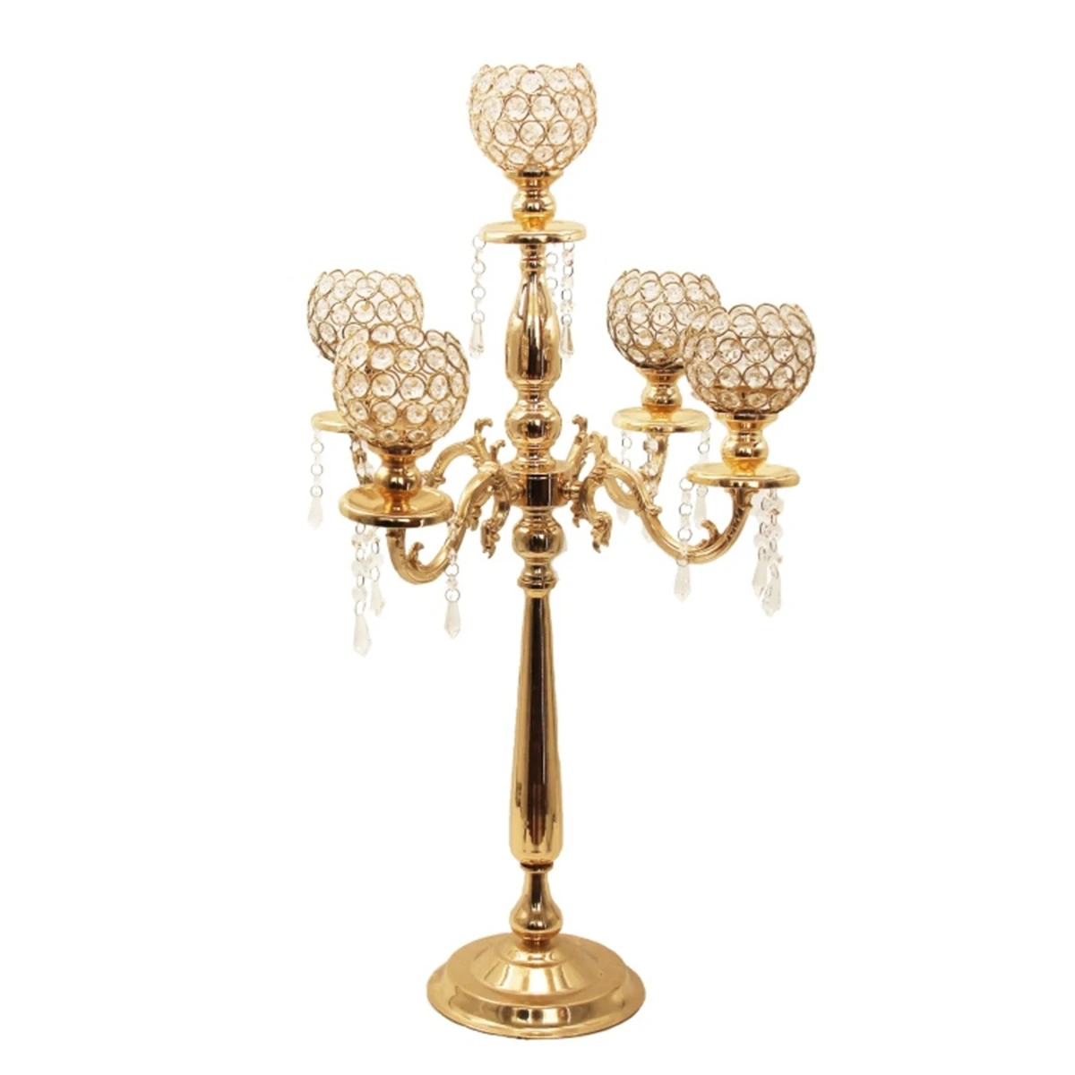 12pcs)Wholesale tall Wedding centerpieces gold 5 arms crystal candelabras AB0172