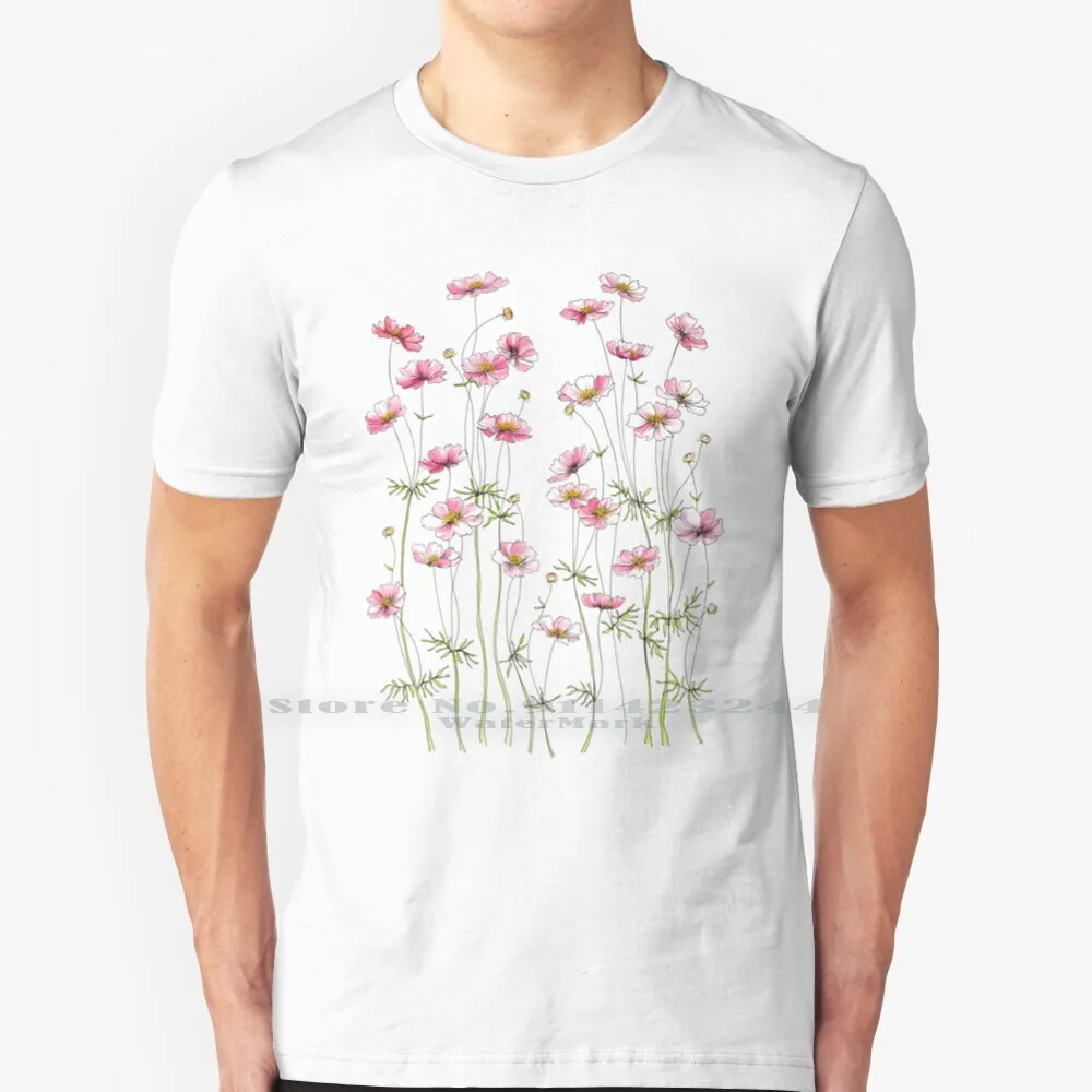 Pink Cosmos Flowers 100% Cotton T Shirt Cosmos Flowers Botanical Nature Natural Wild Flowers Floral Pen And Ink Gouache