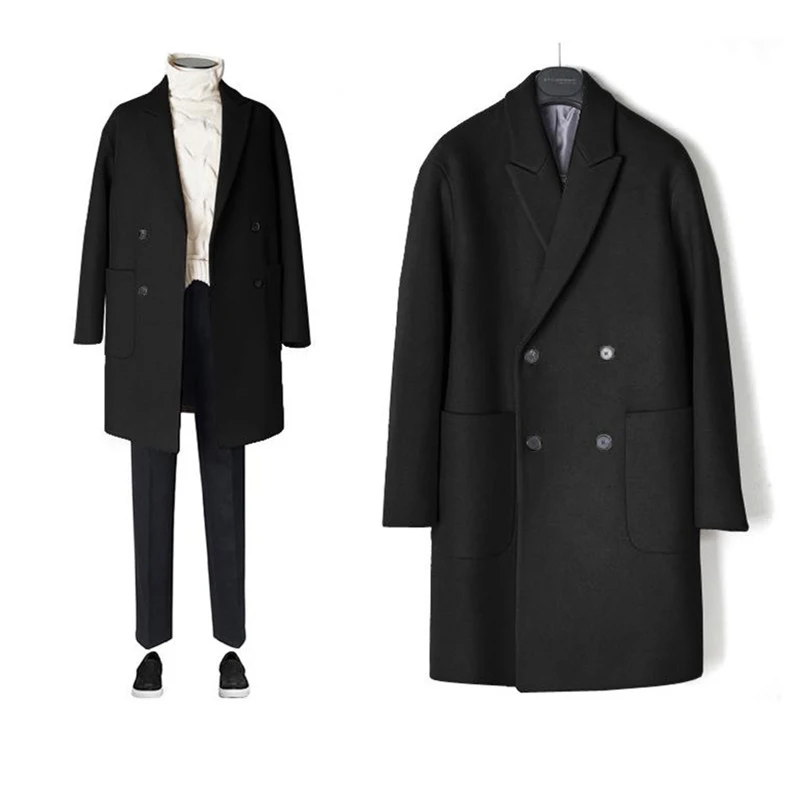 Breasted Double Cashmere Coat Men Brand-Clothing Turn-down Collar Wool Coat Men Jacket Overcoat Medium Long Men's Coats WUJ1140