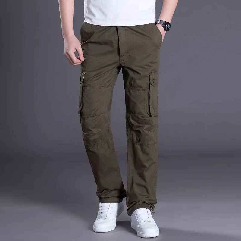 Spring Autumn Cotton Cargo Pants Men Casual Elastic Waist Straight Military Army Multi-Pocket Tactical Mens Trousers