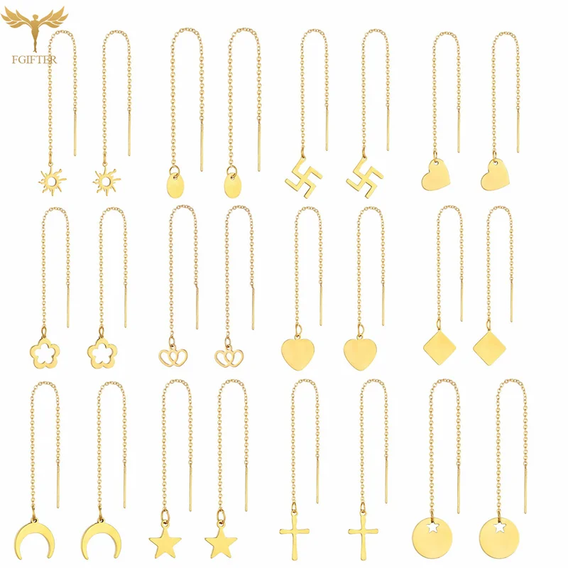 Stainless Steel Dangle Tassel Earrings Moon Star Sun Heart Cross Pendant Threader Drop Long Chain Ear Line Woman Fashion Jewelry