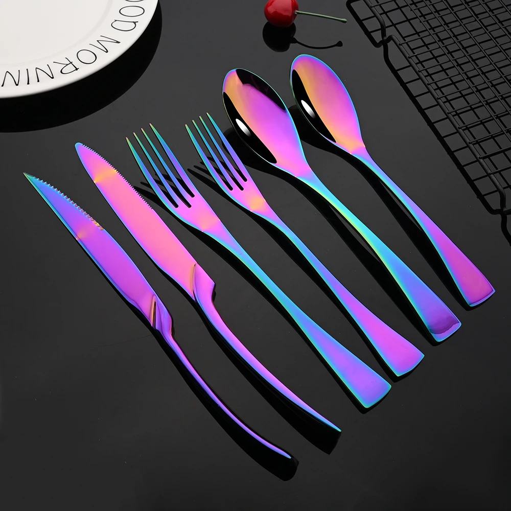 6Pcs Rainbow Dinnerware Cutlery Set 18/10 Stainless Steel Western Steak Knife Dessert Fork Spoon Home Flatware Tableware Set