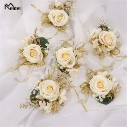 Meldel Silk Flore Groom Boutonniere Wedding Wrist Corsage Bracelet for Bridesmaid Brooch Flower Wedding Planner Marriage Corsage