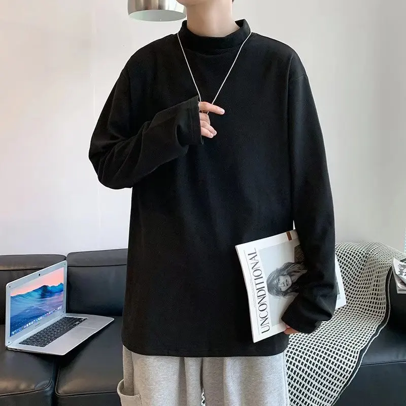 Men's Autumn and Winter Thickened Long-sleeved T-shirts, High-necked Warm Inner Bottoming Shirts,Plush Tops For Men's Clothing.