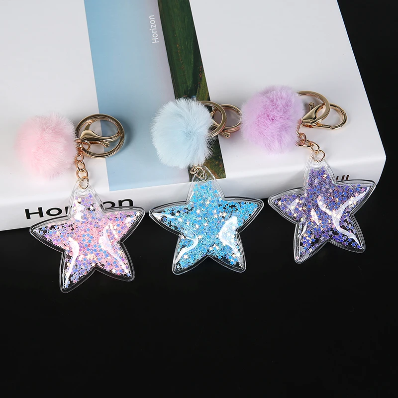 1PC Women Keychains PU Unicorn Heart  Glitter Hollowed-out Star Handbag Keyrings Puffer Ball Charms Gift