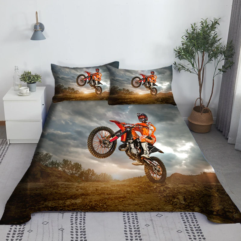 Cool Motorbike Bed Sheet Set 3D Printed Motorcyclist Polyester Bed Flat Sheet With Pillowcase Print Bedding Gift for Boys