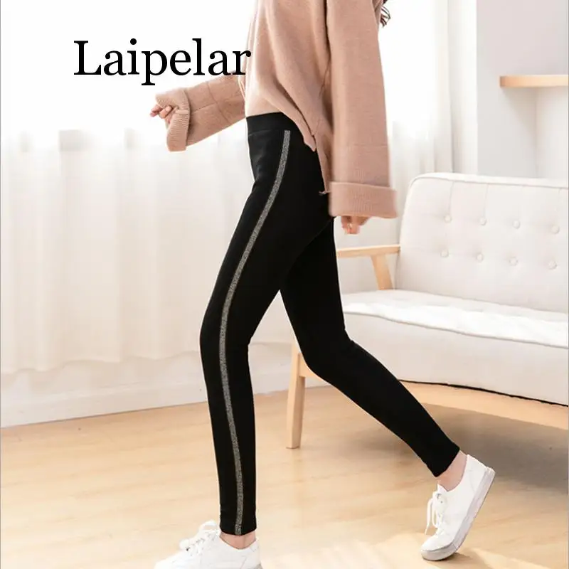 Outono inverno algodão de veludo feminino cintura alta listras laterais esportivas calças leggings de fitness quente grosso leggings