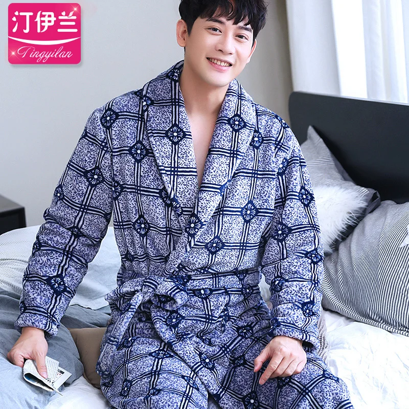 H5955 Men Robes Winter Plus Thick Coral Velvet Long Sleeve Bathrobe Sleepwear Male Warm Large Size Comfortable Soft Nightwear