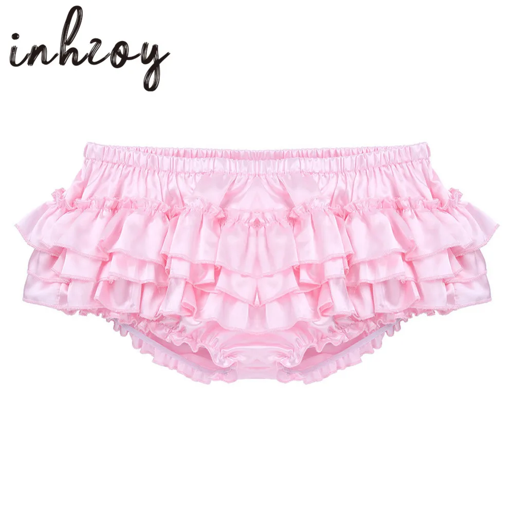 Soft Shiny Satin Ruffled Bloomers Crossdressing Men Lingerie Tiered Skirted Bikini Briefs Sissy Panties for Male Gay Underwear